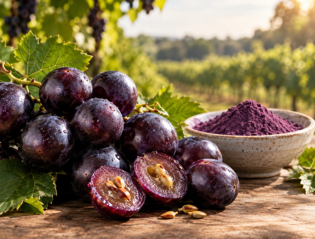 Muscadine grape and purple polyphenol powder representing natural grape polyphenols