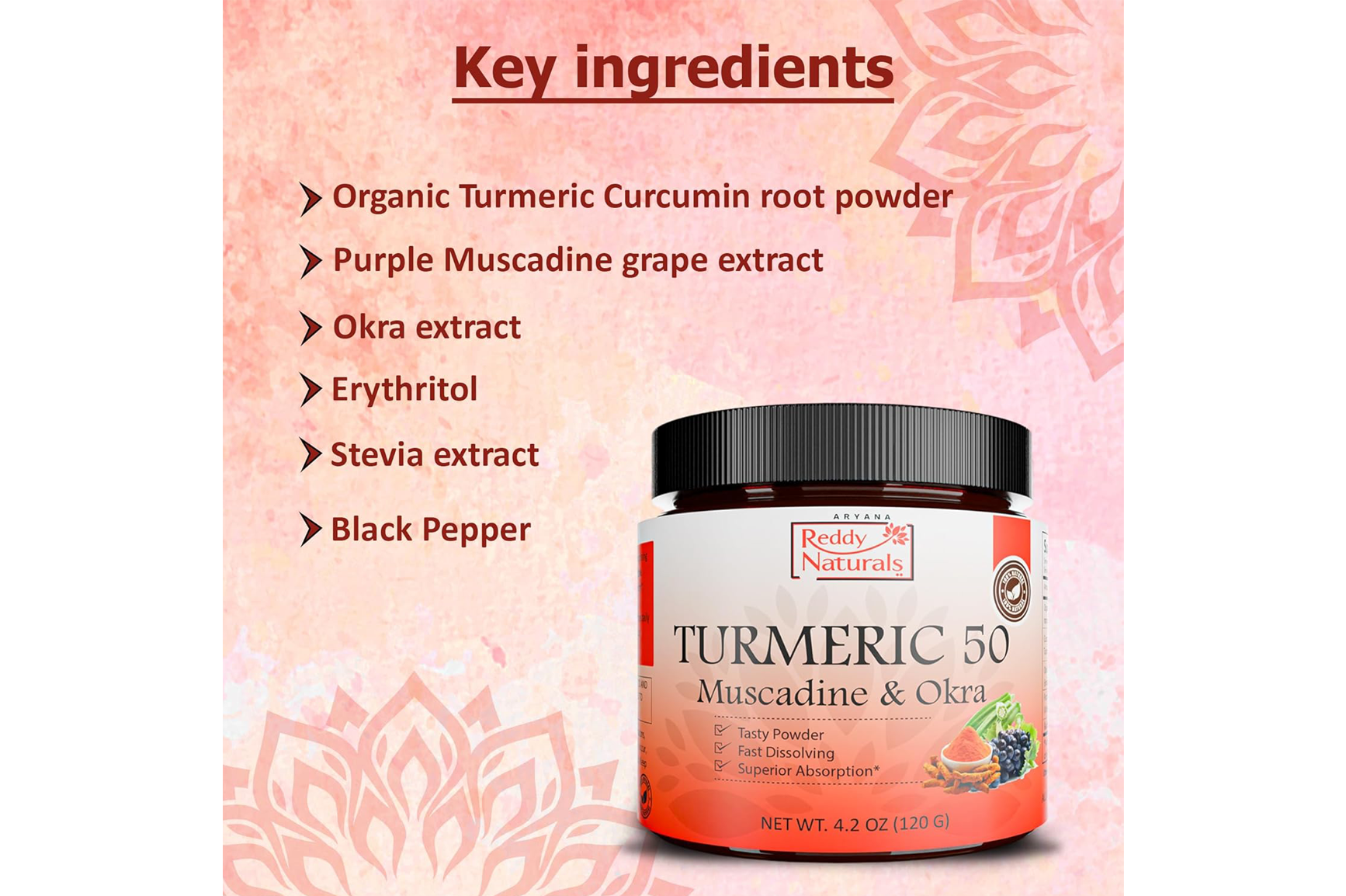 Reddy Naturals Turmeric 50 – Premium Turmeric Curcumin Powder with Muscadine Grape & Okra Extract | Fast-Dissolving Wellness Blend