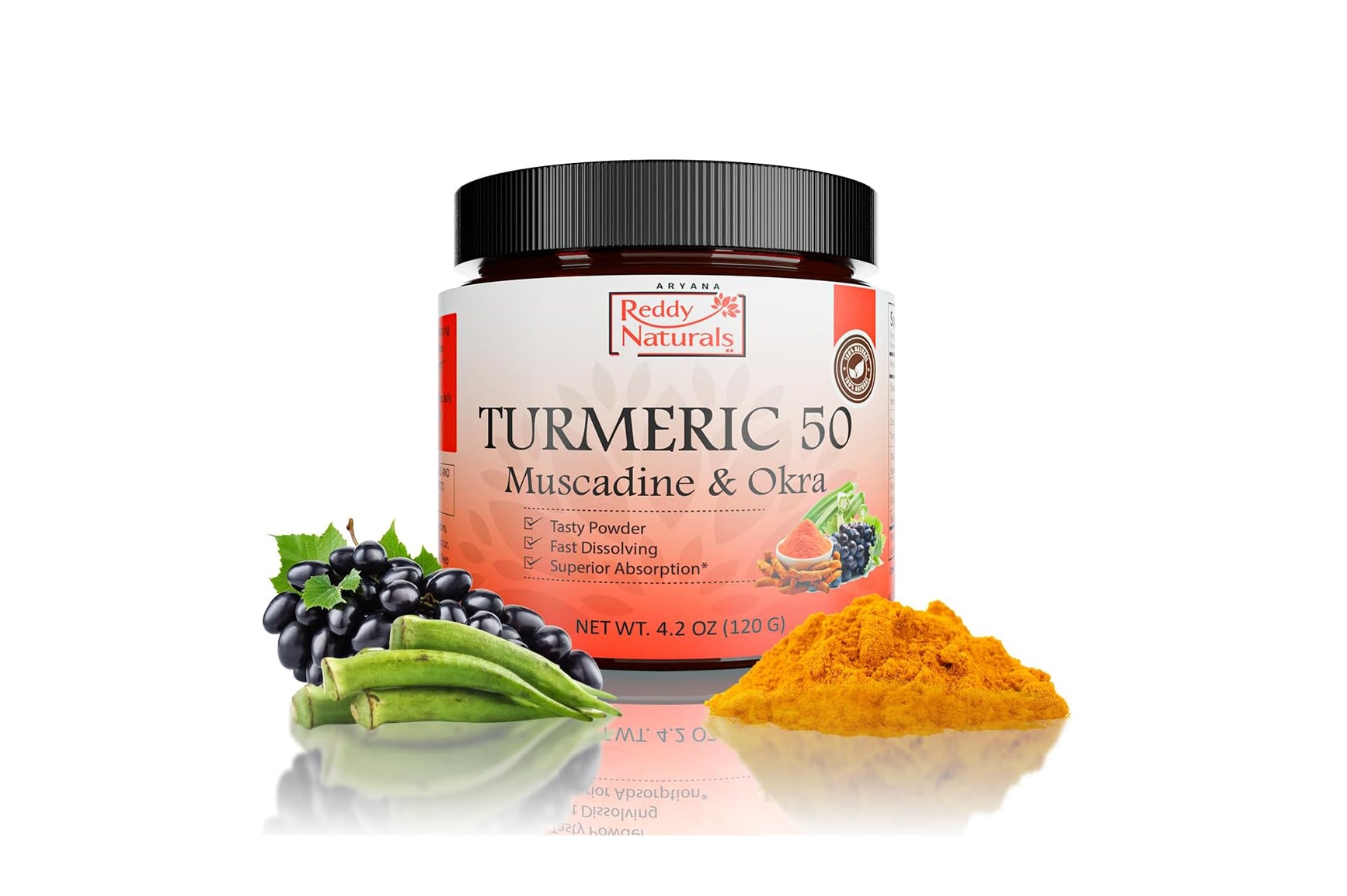 Reddy Naturals Turmeric 50 – Premium Turmeric Curcumin Powder with Muscadine Grape & Okra Extract | Fast-Dissolving Wellness Blend