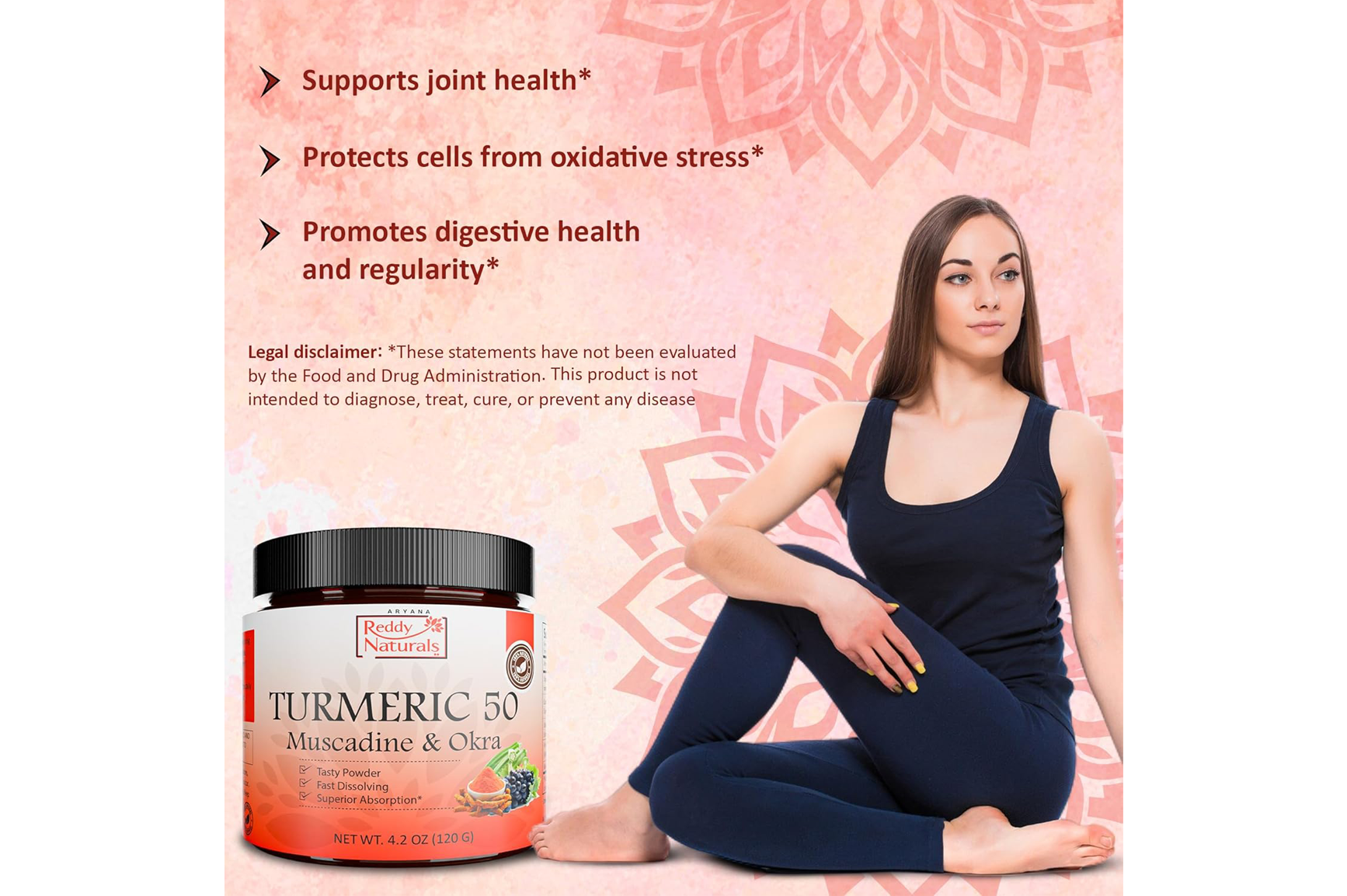 Reddy Naturals Turmeric 50 – Premium Turmeric Curcumin Powder with Muscadine Grape & Okra Extract | Fast-Dissolving Wellness Blend