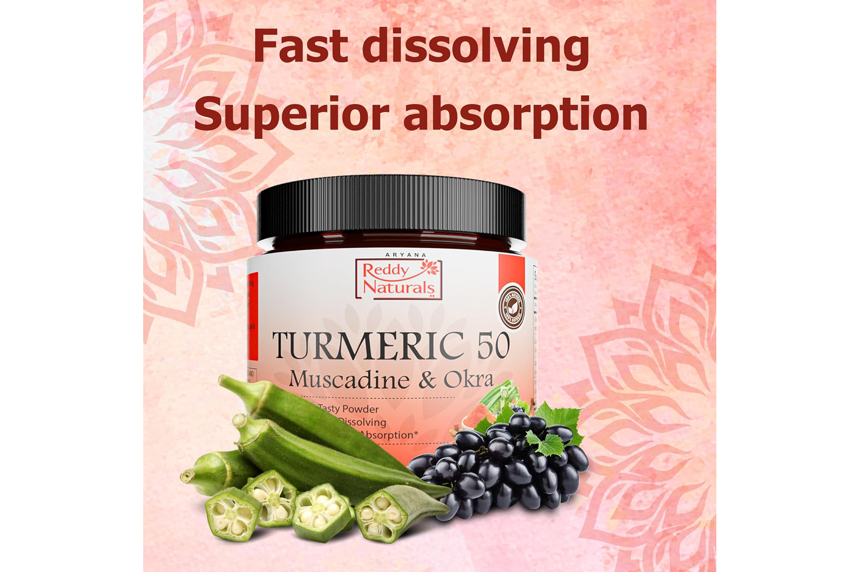Reddy Naturals Turmeric 50 – Premium Turmeric Curcumin Powder with Muscadine Grape & Okra Extract | Fast-Dissolving Wellness Blend