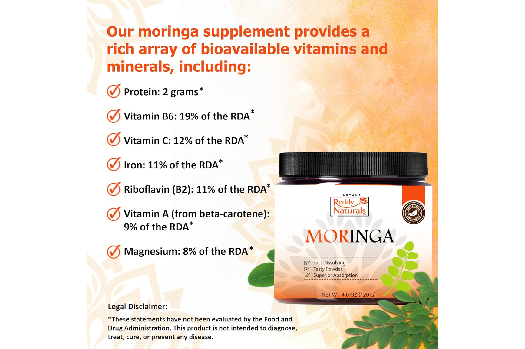 Reddy Naturals Moringa Supplement – Organic Moringa Powder with Superior Taste | Nutrient-Rich Superfood