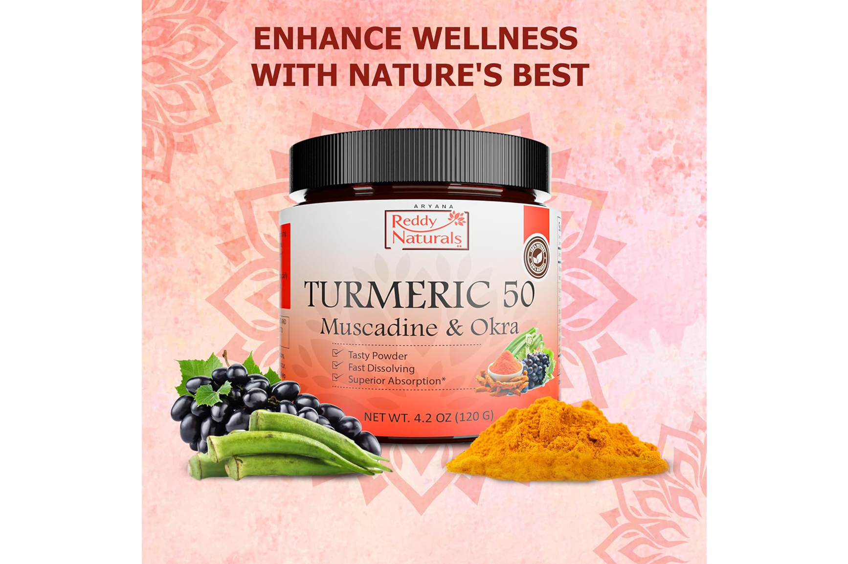 Reddy Naturals Turmeric 50 – Premium Turmeric Curcumin Powder with Muscadine Grape & Okra Extract | Fast-Dissolving Wellness Blend