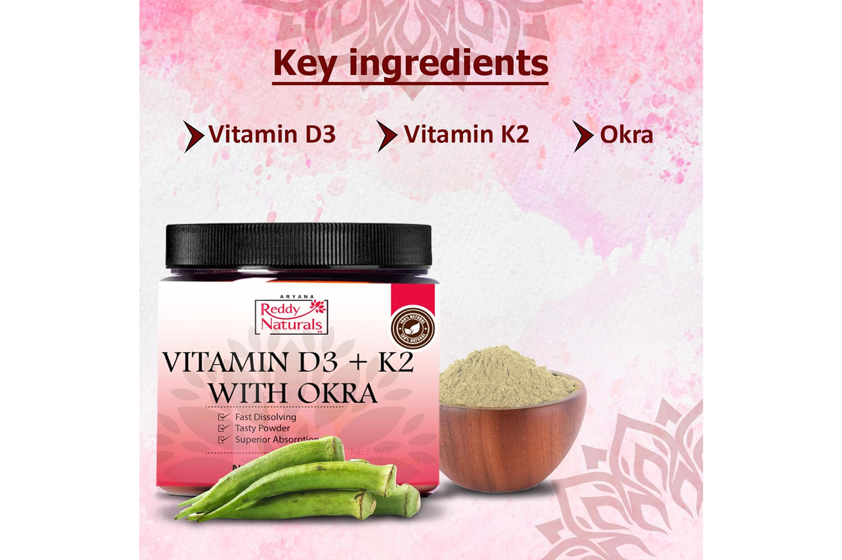 Reddy Naturals Vitamin D3 + K2 with Okra Extract – High-Potency D3K2 Supplement