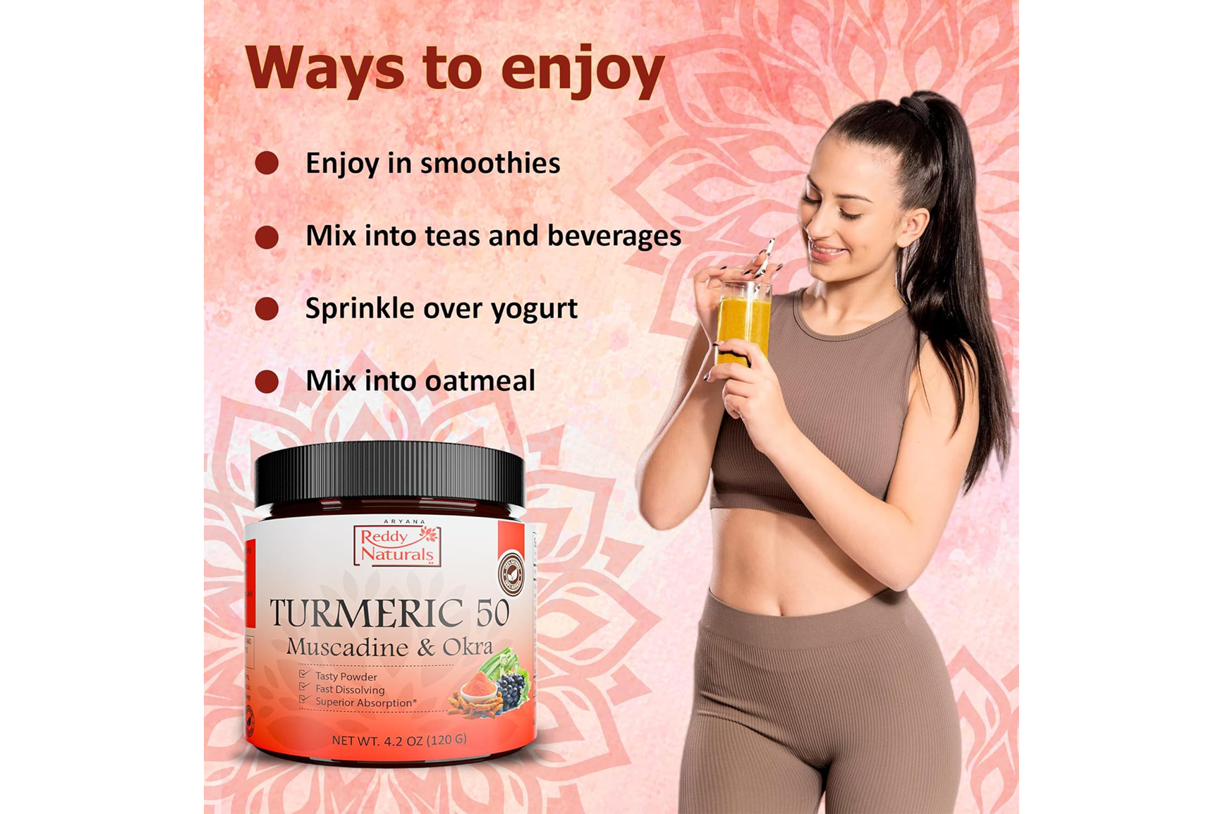 Reddy Naturals Turmeric 50 – Premium Turmeric Curcumin Powder with Muscadine Grape & Okra Extract | Fast-Dissolving Wellness Blend